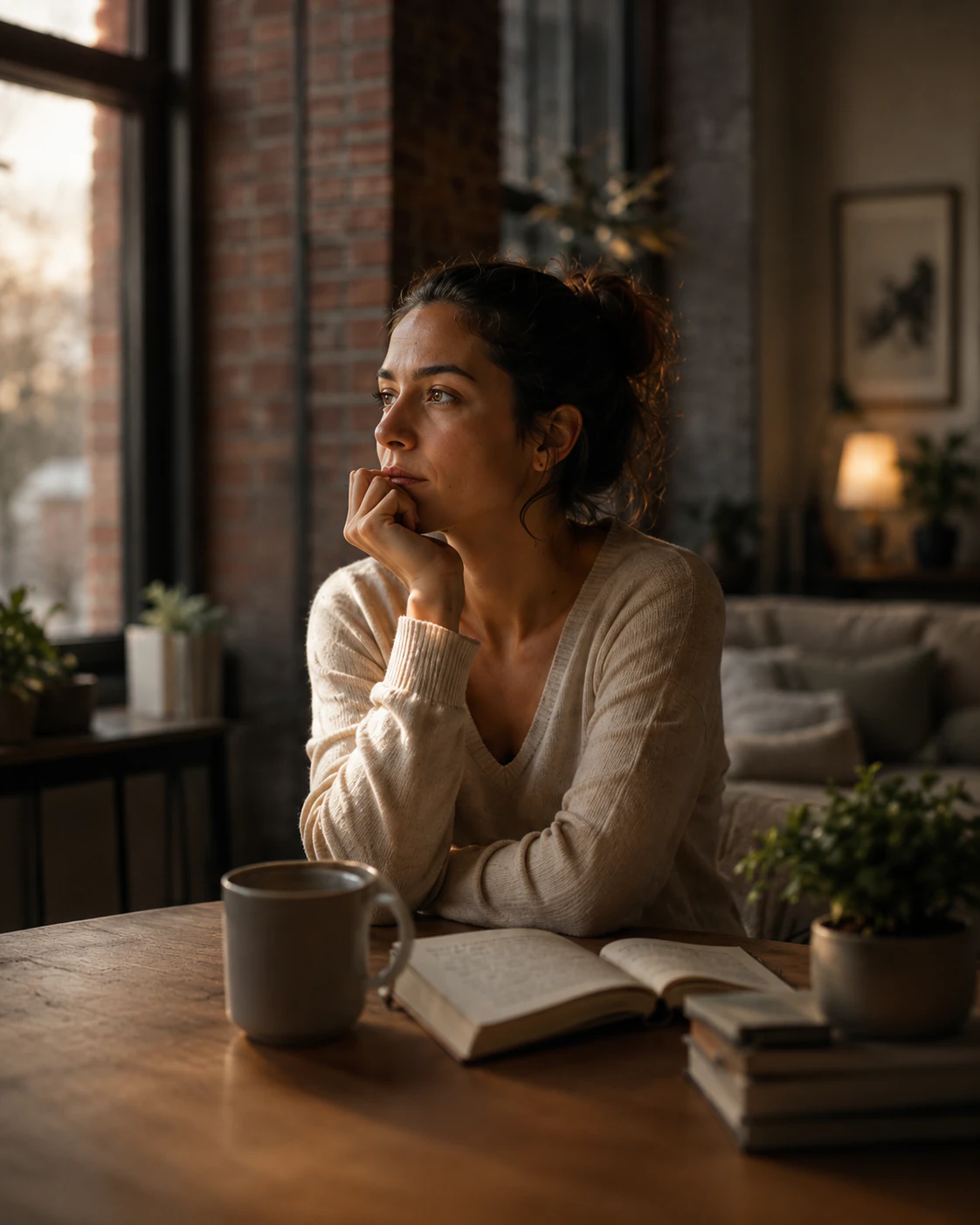 Mujer reflexionando junto a una ventana