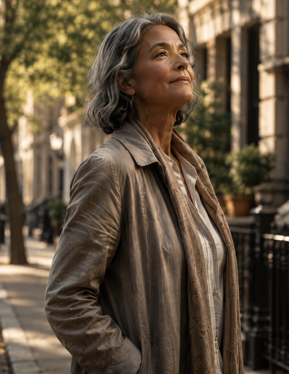 Mujer caminando con serenidad por una calle